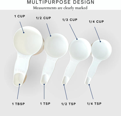 Storage Theory 2-in-1 Measuring Cups & Spoons Set (4-Piece) - Nesting Space-Saving Kitchen Gadget - BPA-Free Food Grade Plastic - Dishwasher Safe for Baking, Cooking, Coffee - White