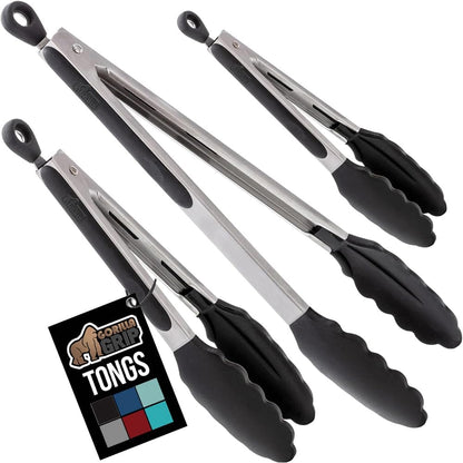 GORILLA GRIP Stainless Steel Heat Resistant Kitchen Tongs for Cooking, Set of 2 BBQ Tong, Non Scratch Silicone Tip for Pans, Strong Grip, Grab Food, Toss Salad, Air Fryer, Pull Lock, 7 + 9 Inch, Black