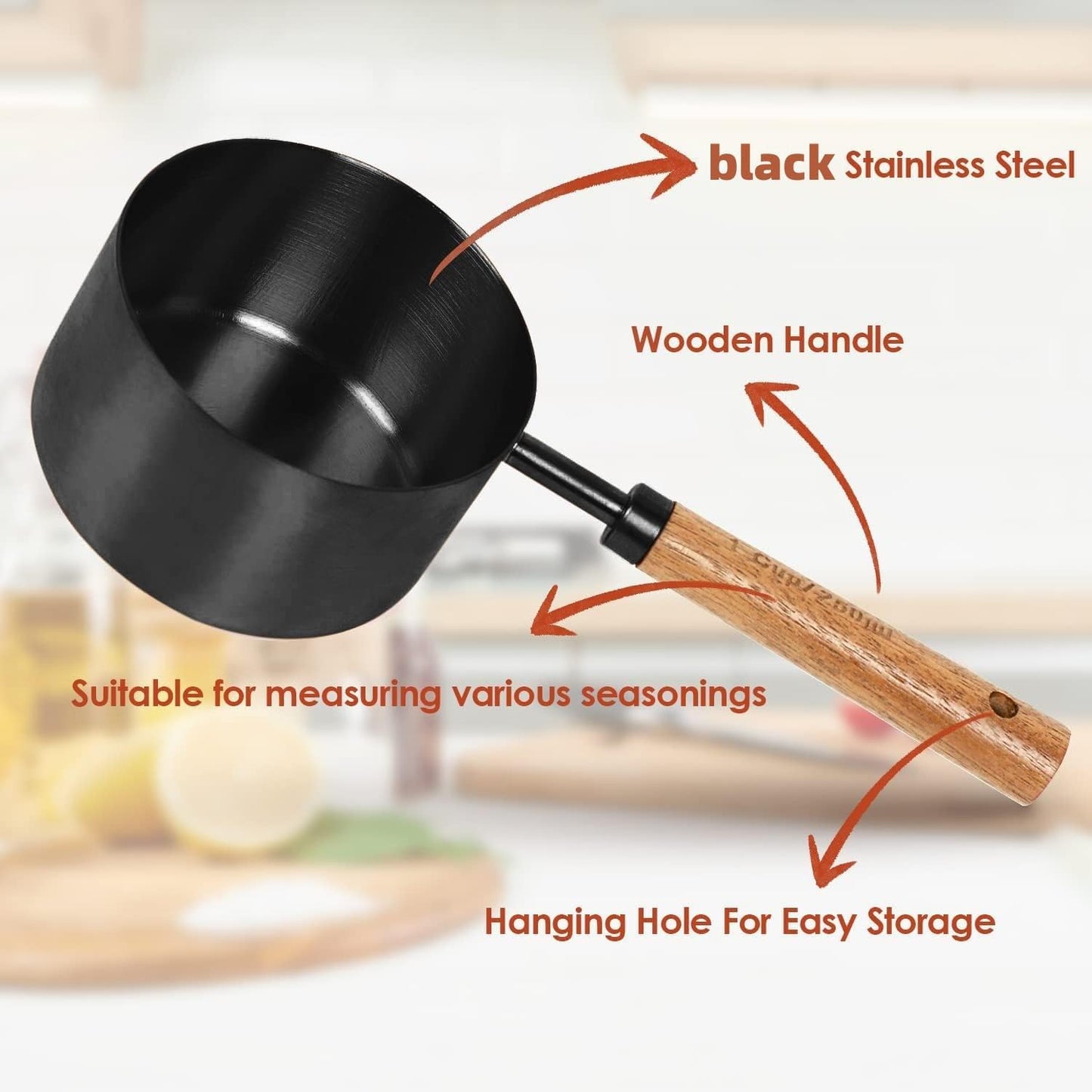 8-Piece Black Measuring Cups and Spoons Set, Stainless Steel Kitchen Measuring Set with Acacia Wood Handles for Baking and Cooking
