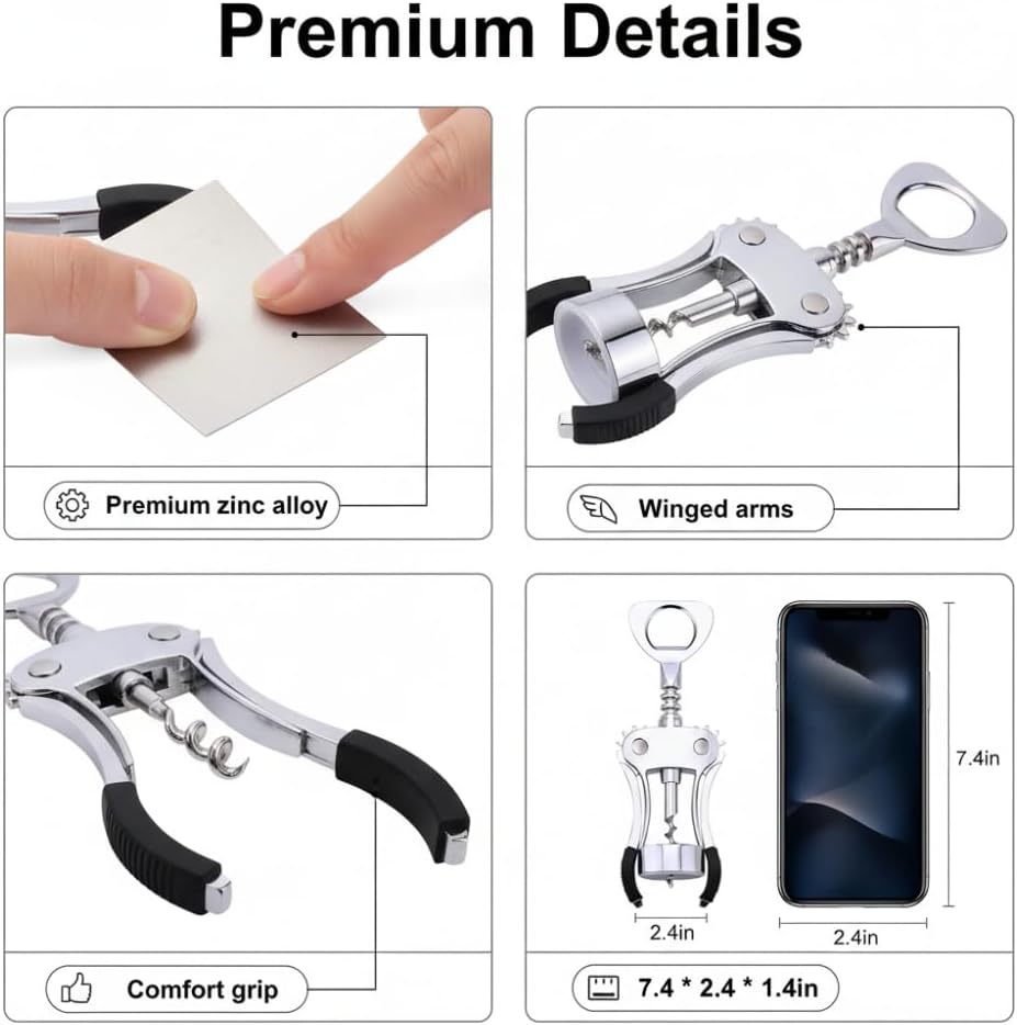 Heavy-Duty Zinc Alloy Wing Corkscrew, Professional Wine Bottle Opener with Ergonomic Handle & Sharp Spiral Drill, Multi-Functional Bar Tool for Kitchen, Restaurant, Bartender