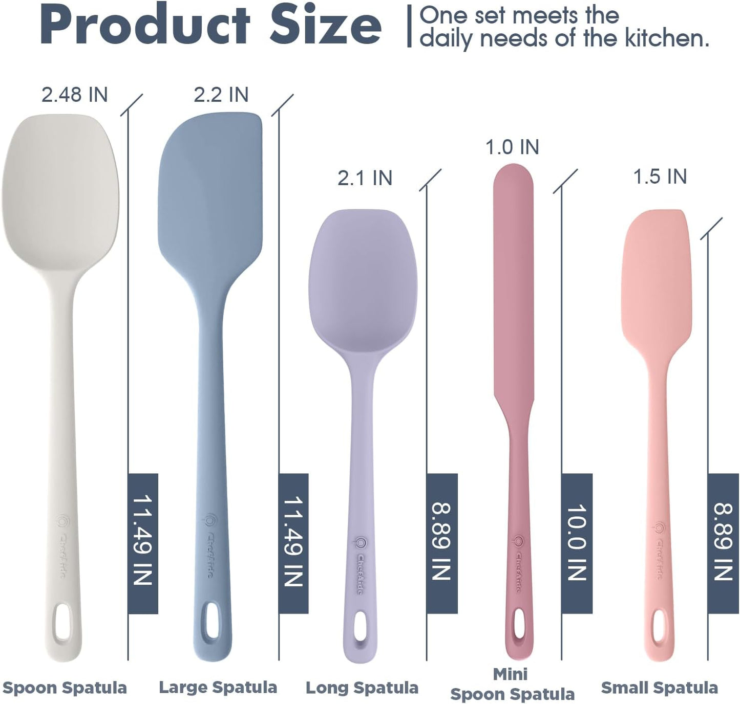 ChefAide 5 Pieces Silicone Spatula Set, Food Grade Rubber Spatula, Upgrade Strong Handle with Ergonomic Grip, Heat Resistant Up to 600°F for Nonstick Cookware, Cooking
