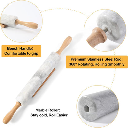 Koville African Natural Marble Rolling Pin, Non-Stick Polished Dough Roller, Pasta, Dumpling, Fondant, Pie Crust, Bread, Pizza Dough, Kitchen Baking Pastry Tools with Mat/Scraper（Namib Fantasy）
