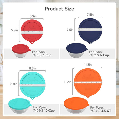 SOPHICO Silicone Replacement Lids for Pyrex Sculpted Glass & Tinted Glass Bowls Mixing Bowls（4 size）