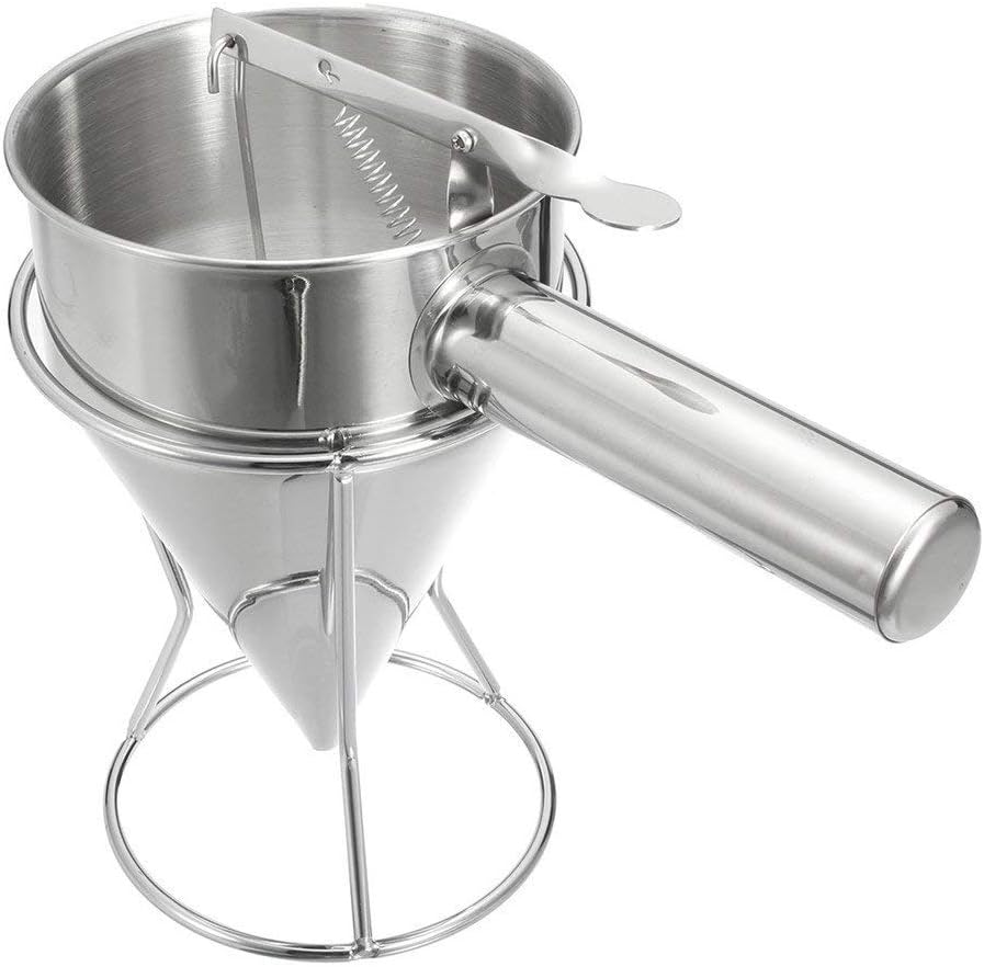 Confectionery Funnel Pancake Batter Dispenser with Stand Rack - 1000 ML Stainless Steel Cupcake Funnel - Pancake Maker Home Kitchen - 4 Cup DIY Baking Tool - (10” x 10.5” x 5.5”)