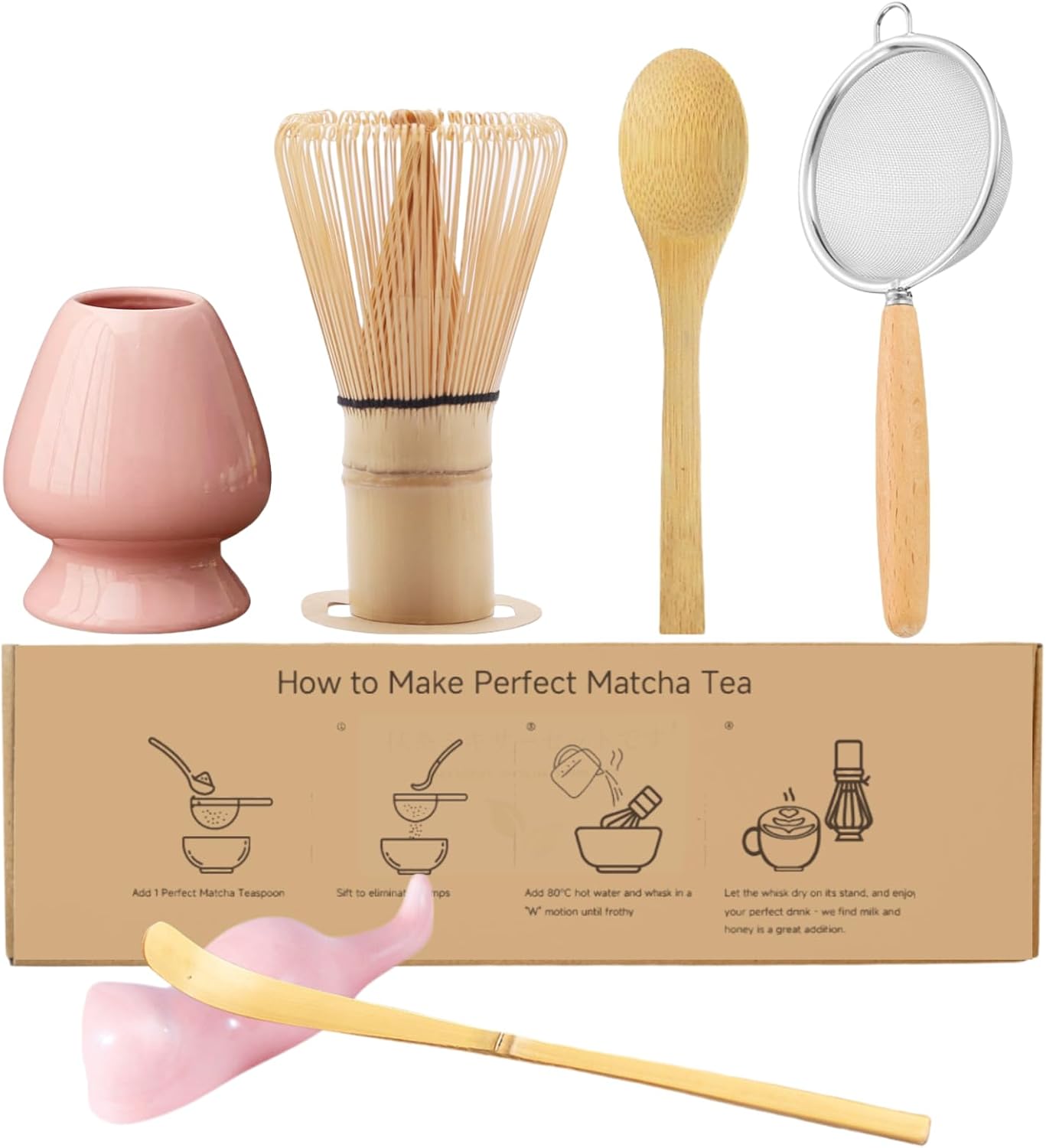 Matcha Whisk Set, 6-Piece Matcha Making Kit, Macha Tea Set, (Chasen Holder), Ceramic Whisk Holder, Matcha Starter Sifter, Bamboo Scoop, Spoon Japanese Tea Tools For Ceremony Gift (Green)