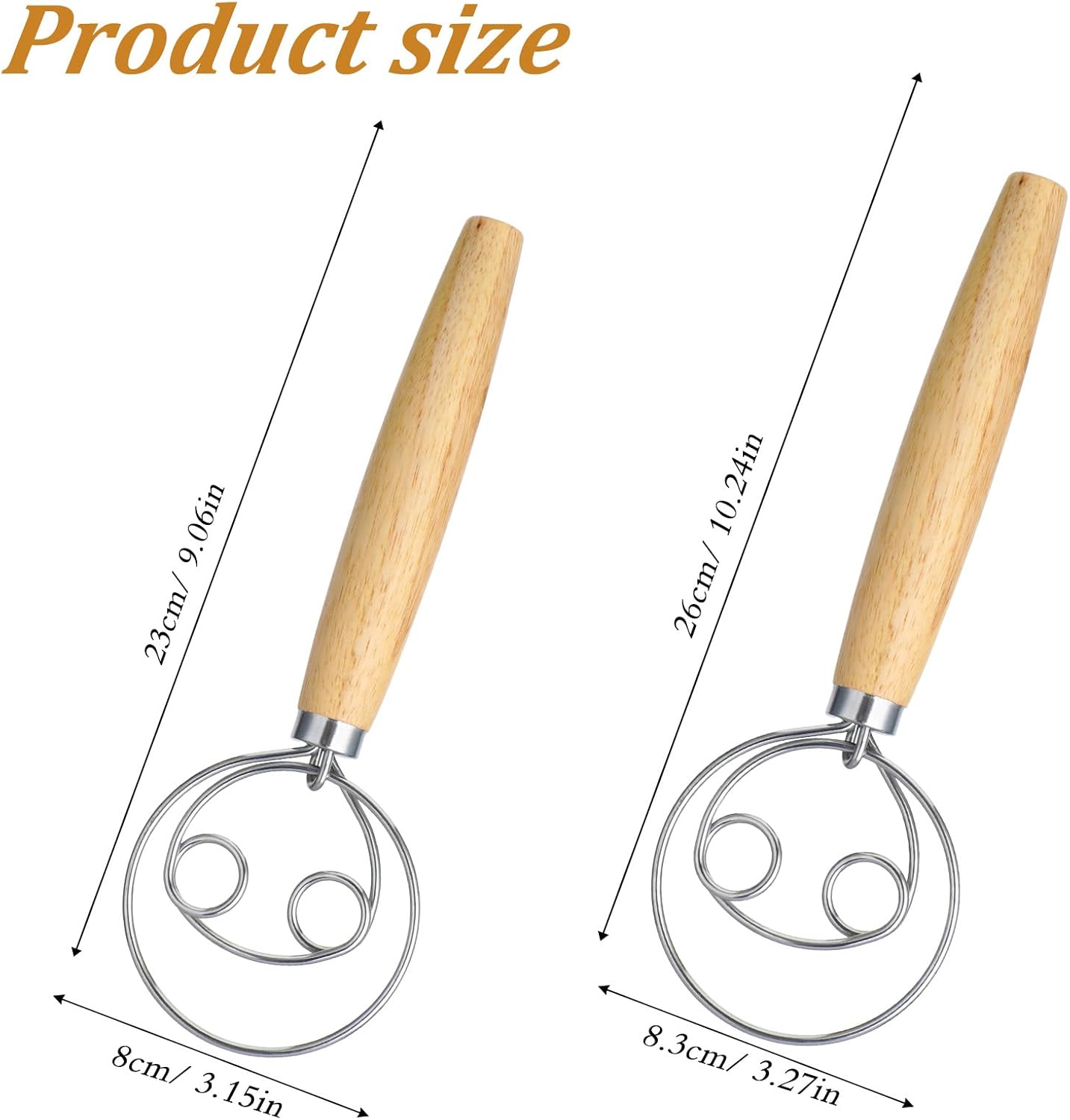 2 PCS Bread Wisk, Oak Handle Danish Wisk, Stainless Steel Dough Whisk, Bread Mixer Tool for Sourdough, Flour Paste, Butter, Pancake, Pizza, Cake, Pastry, Biscuits