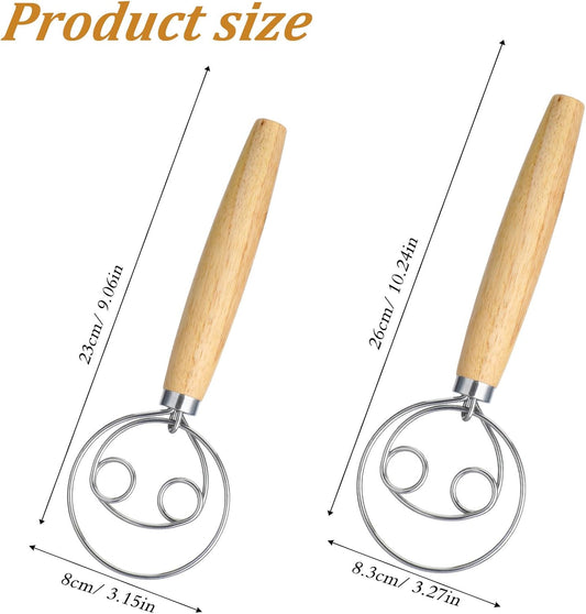 2 PCS Bread Wisk, Oak Handle Danish Wisk, Stainless Steel Dough Whisk, Bread Mixer Tool for Sourdough, Flour Paste, Butter, Pancake, Pizza, Cake, Pastry, Biscuits