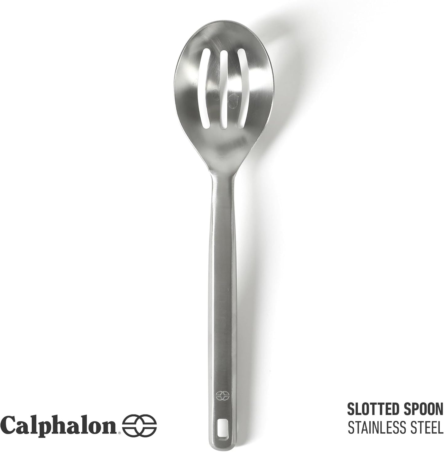 Calphalon Prime Slotted Spoon Skimmer, Stainless Steel Slotted Spoon, Straining Spoon with Navy Silicone Head, Heat-Resistant Nonstick-Safe Kitchen Tool