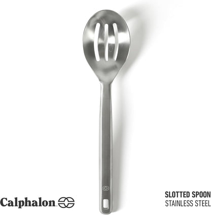 Calphalon Prime Slotted Spoon Skimmer, Stainless Steel Slotted Spoon, Straining Spoon with Navy Silicone Head, Heat-Resistant Nonstick-Safe Kitchen Tool