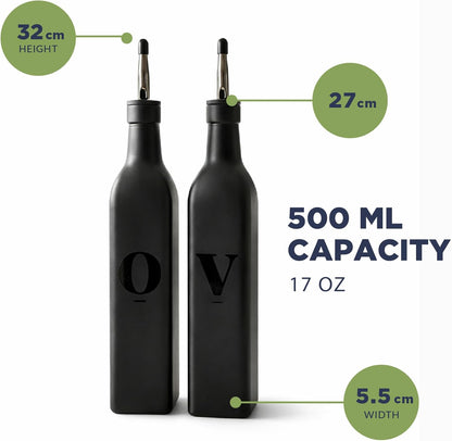 Olive Oil & Vinegar Dispenser Bottle Set with Stainless Steel Spouts & Funnel - Elegant Cooking Oil Cruet Dispenser for Kitchen - 500ml - Set of 2