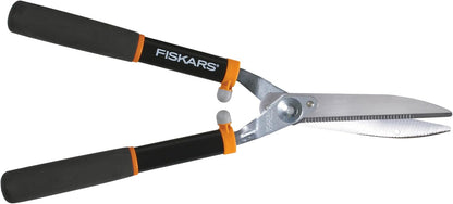 Fiskars Power-Lever Extendable Hedge Shears, Self-Sharpening Serrated Steel Blades for Clean Cuts, Handles Adjust 25"-33" for High Reach, Multiplies Leverage for 2x Power, 10" Blades, Orange/Black