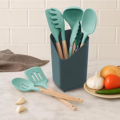 Glad Silicone Kitchen Utensils Set, 8pcs - Nonstick Cooking Tools with Wooden Handles and Utensil Holder - Spatula Set with Turner, Ladle, Spoons, Tongs, and Spaghetti Server - Beige