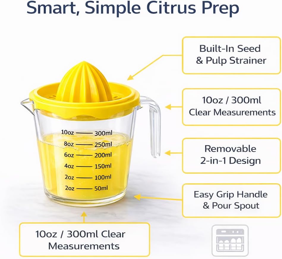 Manual Citrus Juicer with 10oz 300ml Measuring Cup, Lemon Lime Orange Reamer with Built-In Strainer, BPA Free Hand Squeezer with Pour Spout & Handle