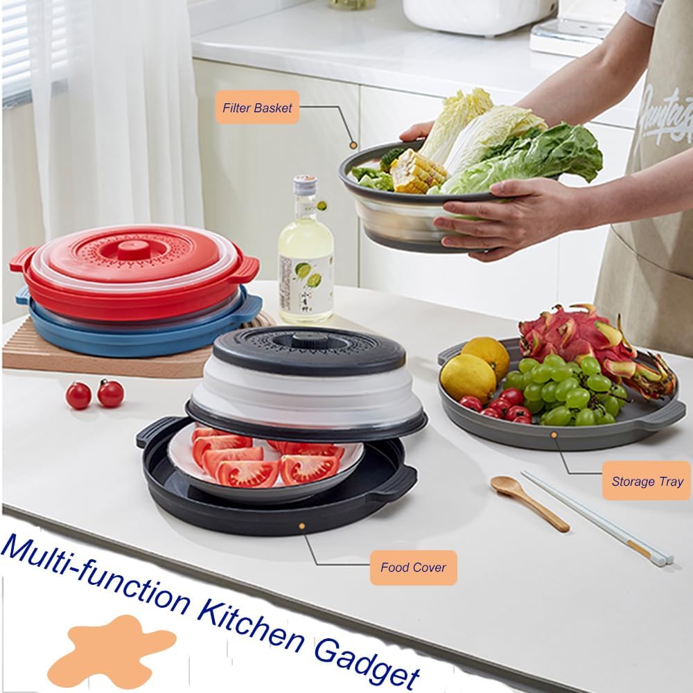 Microwave Splatter Cover with Anti-scald Base Mat, Vented Avoid Scalding Collapsible Guard Lid, Vegetable Fruit Colander Multi-function Kitchen Gadget, BPA Free, Dishwasher Safe