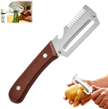 2 in 1 Serrated Peeling Knife, Multi-functional Vegetable Peeler for Kitchen, 2026 New Stainless Steel Peeler with Wooden Handle and Bottle Opener