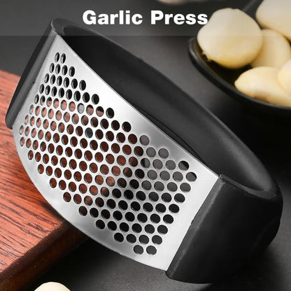 Garlic Press Rocker, Portable Manual Stainless Steel Garlic Press Rocker Crusher Masher with Garlic Peeling Drum for Home Kitchen Utensils (2 PCS)