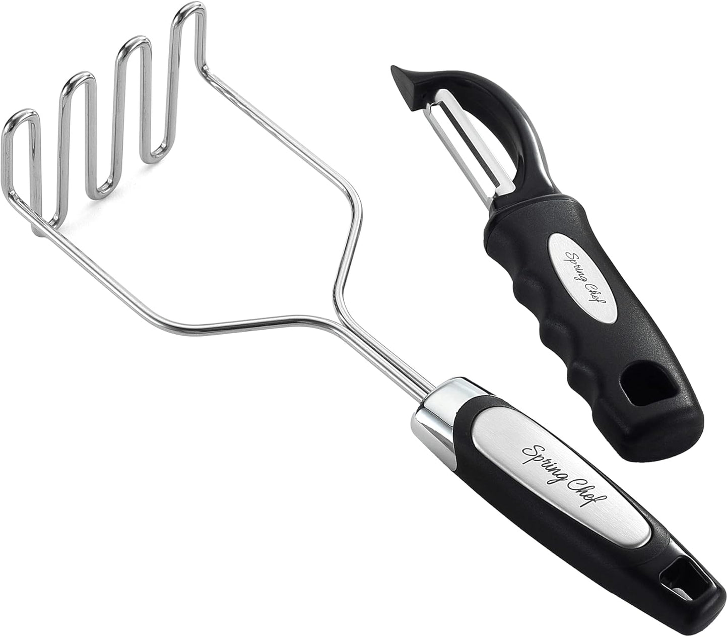 Spring Chef Stainless Steel Premium Vegetable Peeler with Potato Masher, Soft Grip Handle Metal Food Peeler and Masher for Fruit & Vegetables