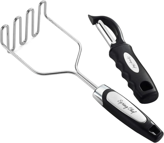 Spring Chef Stainless Steel Premium Vegetable Peeler with Potato Masher, Soft Grip Handle Metal Food Peeler and Masher for Fruit & Vegetables