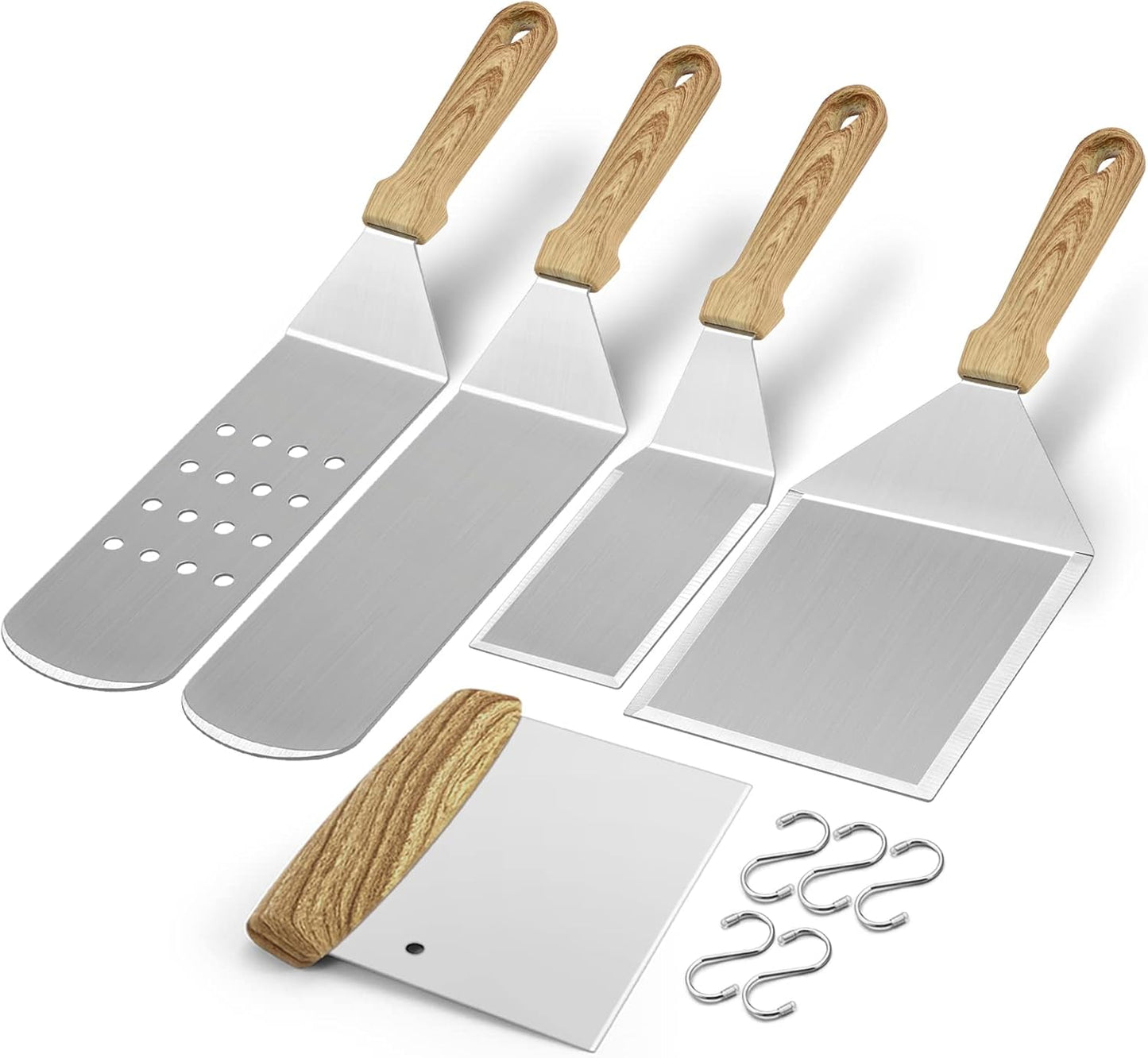 HaSteeL Griddle Accessories Kit of 5, Heavy Duty Metal Spatula, Professional Stainless Steel Flat Top Griddle Tools Set, Pancake Flipper/Griddle Scraper/Hamburger Turner for BBQ Grilling Cast Iron