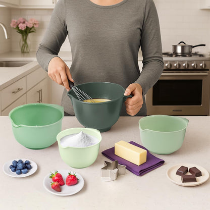 Glad Mixing Bowls with Pour Spout, Set of 4 - Nesting Plastic Bowls (1.2qt, 1.9qt, 2.8qt, and 3qt with Handle) - Non Slip Base, Dishwasher Safe Kitchen Cooking and Baking Supplies, Grey