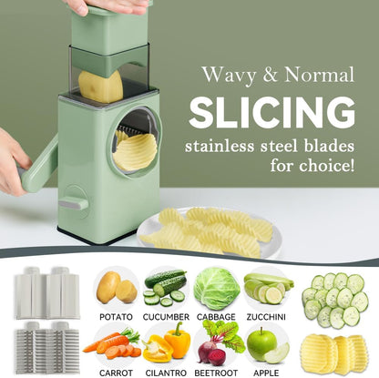 KEOUKE Rotary Cheese Grater 5 in 1 Green - Hand Crank Vegetable Cutter, Shredder, Slicer, Enlarge Input, Suction Base, Labor-Saving Handle, Blade Storage Box, for Onion, Potato, Vegetable, Nuts, etc