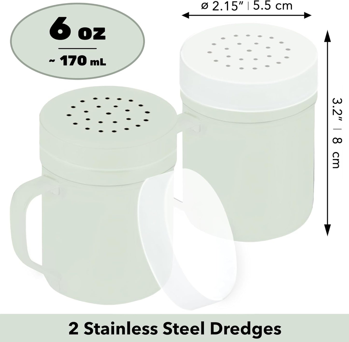 CUSINIUM Metal Salt Pepper Dredge Shakers - With Handle - Seasonings Spice Shakers With Holes and Lids - 10 Ounce, 2pcs | Style: Medium
