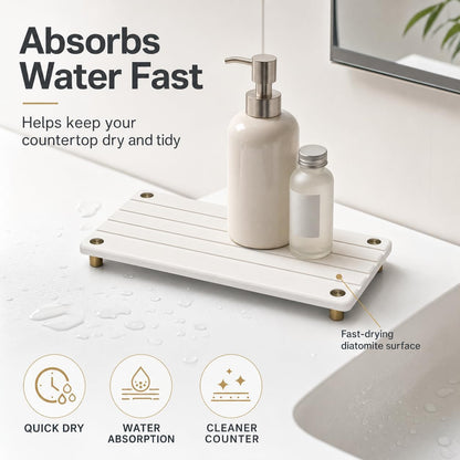 Sink Caddy Kitchen Sink Organizer, Water Absorbing Stone Tray for Sink,Diatomite Bathroom Counter Tray,Faucet Drying Mat Protector Coaster Soap Dish Rack Riser Vanity Dispenser Sponge Holder,10" x 4"