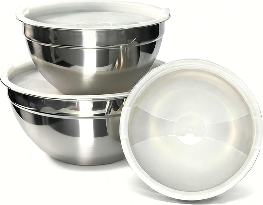 Stainless Steel Mixing Bowls With Lid, Metal Nesting Mixing Bowl Set Of 3, Prep Bowls For Food Prep, Cooking, Baking, Serving, Storage, Dishwasher Safe, Metal Bowls with Lids for 1.5/3/5 Qt, Silver