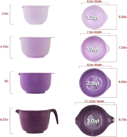 Glad Mixing Bowls with Pour Spout, Set of 4 - Nesting Plastic Bowls (1.2qt, 1.9qt, 2.8qt, and 3qt with Handle) - Non Slip Base, Dishwasher Safe Kitchen Cooking and Baking Supplies, Grey
