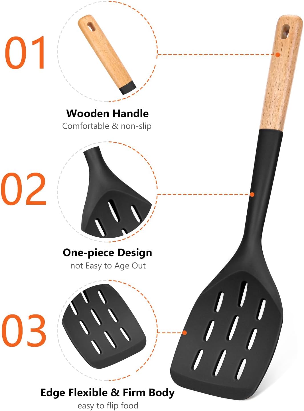 Badiano Pack of 3 Silicone Spatula, Non Stick Cooking Utensil Set, Wooden Handle Kitchen Turner for Baking Mixing Grilling Serving Food Heat Resistant, Black