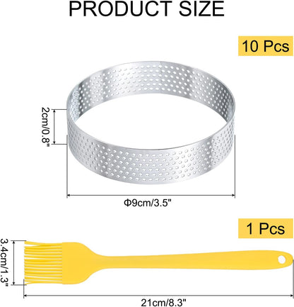 uxcell 10pcs Perforated Cake Rings 2.4 Inch Stainless Steel Round Cake Mousse Ring Molds with Brush for Baking Cake Dessert Pastry Making, Silver Tone