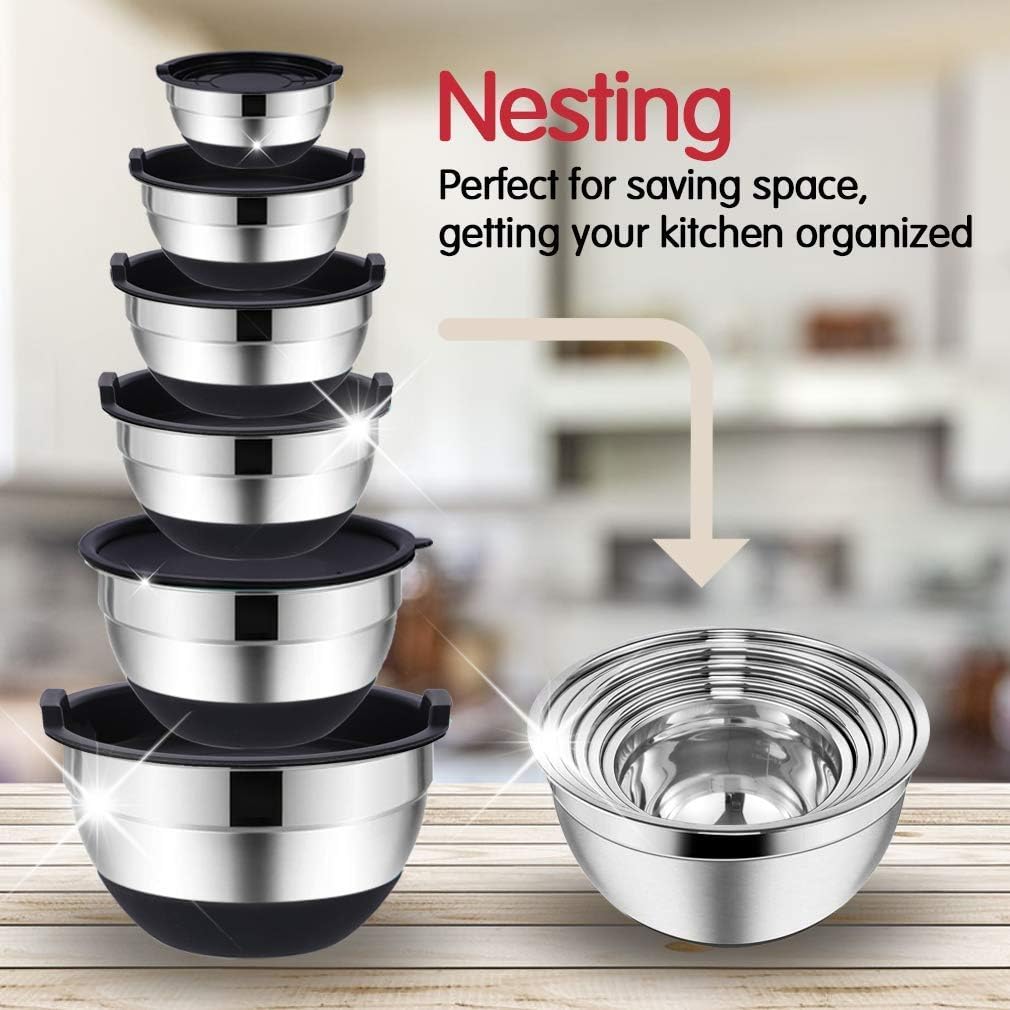 Rottay Mixing Bowls with Airtight Lids, 20PCS Stainless Steel Mixing Bowl Set, Nesting Bowls with 3 Grater Attachments & Non-Slip Bottoms, Size7, 4, 3, 2, 1.5, 1QT Bowls for Baking&Prepping