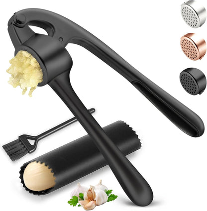 Kitchen Garlic Press, Rust Proof & Dishwasher Safe Garlic Mincer, Durable Garlic Crusher Set with Peeler＆Brush, Easy to Clean and Squeeze, Matte