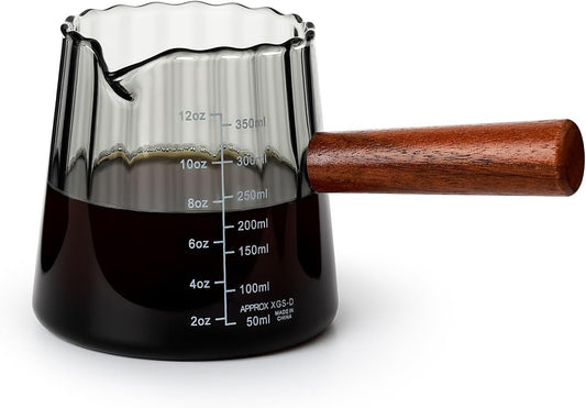 Glass Measuring Cup, 12oz Pour Over Coffee Maker with Wood Handle, Creative V-Shaped Spout Creamer Milk Frothing Pitcher Coffee Carafe Server (2-Gray)