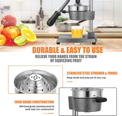 Commercial Heavy Duty Cast Iron Hand Press Manual Orange Citrus Lemon Lime Grapefruit Pomegranate Fruit Juice Squeezer Machine with Stainless Steel Cup