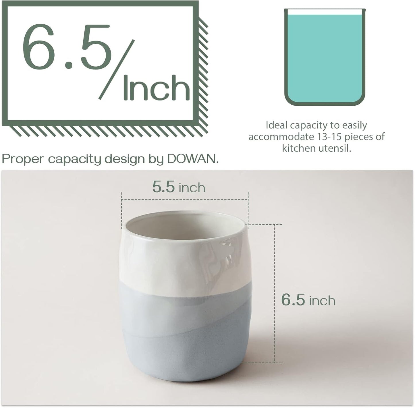 DOWAN 7.2" Kitchen Utensil Holder, Extra Large Farmhouse Utensil Holders for Countertop, Ceramic Utensil Crock, Anti Slip Cork Bottom