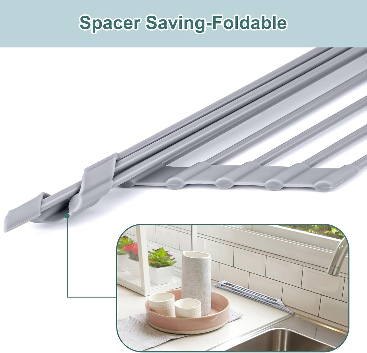 MERRYBOX Roll Up Over The Sink Dish Drying Rack Silicone Wrapped Foldable, Heat-Resistant, Anti-Slip Sink Rack Multipurpose Dish Drainer for Kitchen Sink Counter - White, 17.5" x 11"
