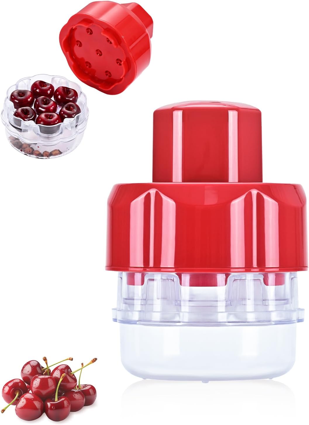 Cherry Pitter Tool, Multiple Fruit Seed Remover, 7-Cherry Capacity, Red and Clear