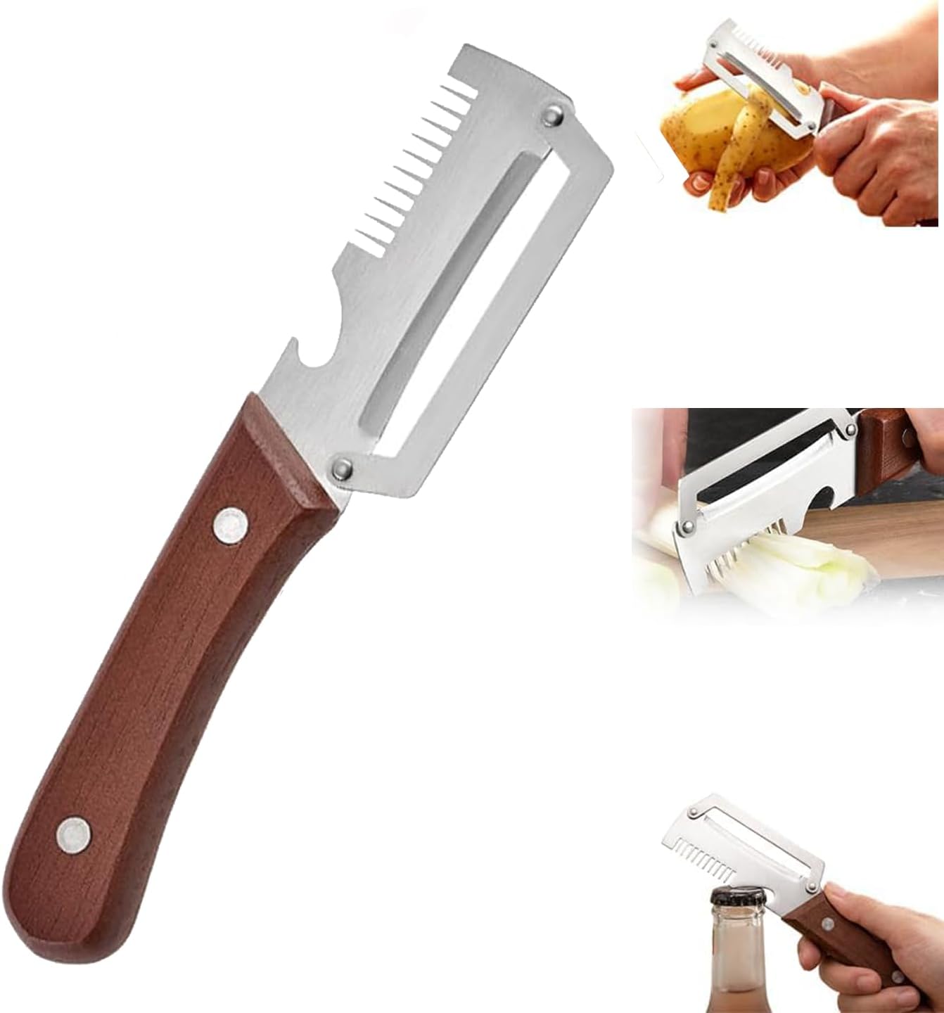 Premium Vegetable Peeler with Wooden Handle and Bottle Opener,Multi-Functional Vegetable Peeler for Kitchen, 2-In-1 Stainless Steel Kitchen Tool, for Fruit Veggie, Includes Bottle Opener (3-In-1 2PCS)