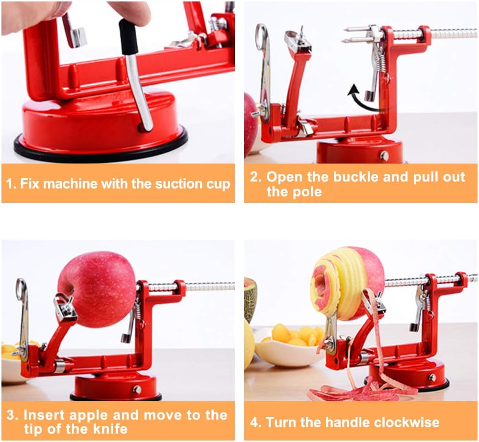 Apple Peeler Slicer Corer 3 In 1, Potato Peelers, Stainless Steel Heavy Duty with Suction Cup Base (vermilion)
