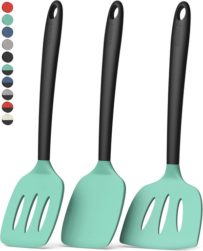 Coukre 3 Pack Silicone Spatula Set, High Heat Resistant, BPA-Free, Fish Spatula, Solid & Slotted Turner for Non-Stick Pans, Flipping Eggs, Pancakes, Fish, Burgers (3, PureBlack)