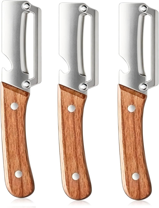 3 Pcs Multifunctional Vegetable Peeler,Multi-Functional Kitchen Peeler with Integrated Opener,Wooden Handle, Stainless Steel Blade Kitchen Tool for Fruit Apple Potato