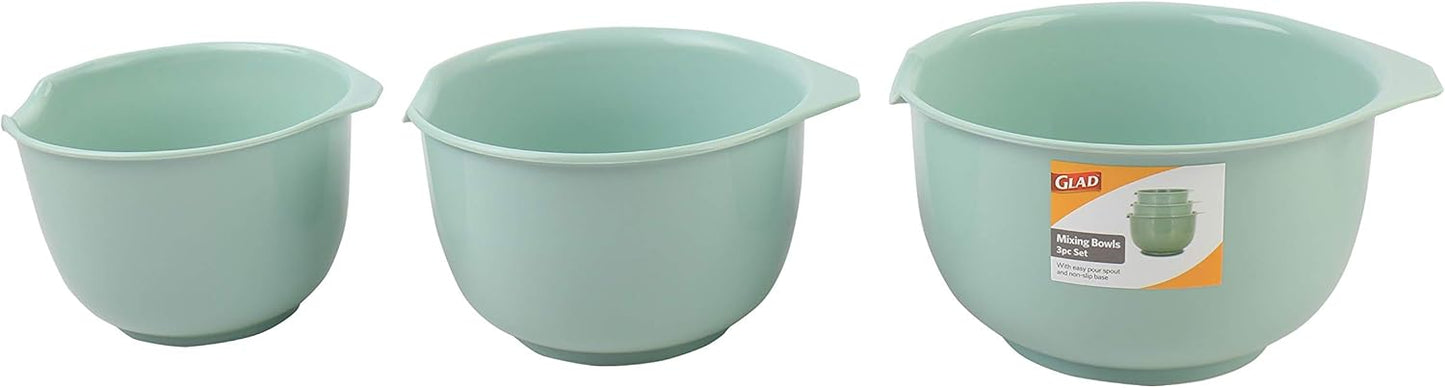Glad Mixing Bowls with Pour Spout, Set of 4 - Nesting Plastic Bowls (1.2qt, 1.9qt, 2.8qt, and 3qt with Handle) - Non Slip Base, Dishwasher Safe Kitchen Cooking and Baking Supplies, Grey