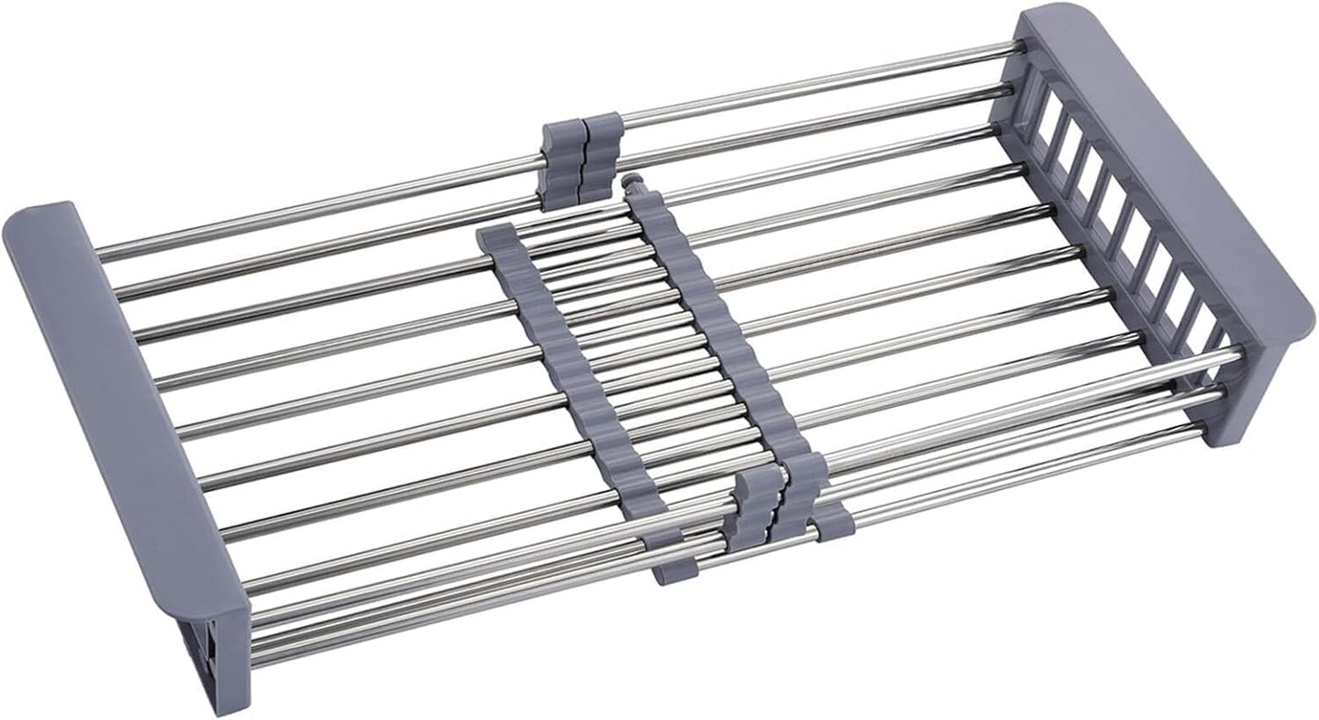 Over The Sink Dish Drying Rack, Stainless Steel Expandable Telescopic Drain Basket with Adjustable Arms - Functional Kitchen Sink Organizer for Dishes, Vegetables & Fruits (Large, Black)