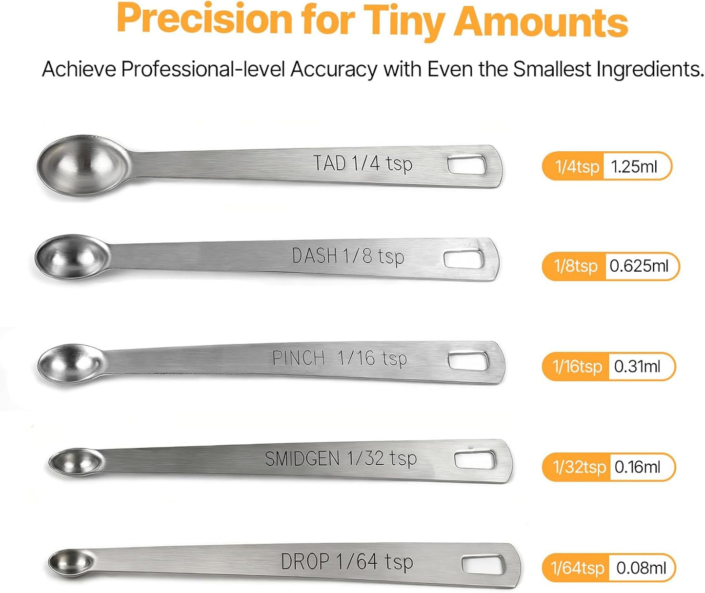 Mini Measuring Spoons Set, 18/8 Stainless Steel Teaspoon for Cooking and Baking, Suitable for Small Amount of Dry or Liquid Ingredients and Spices