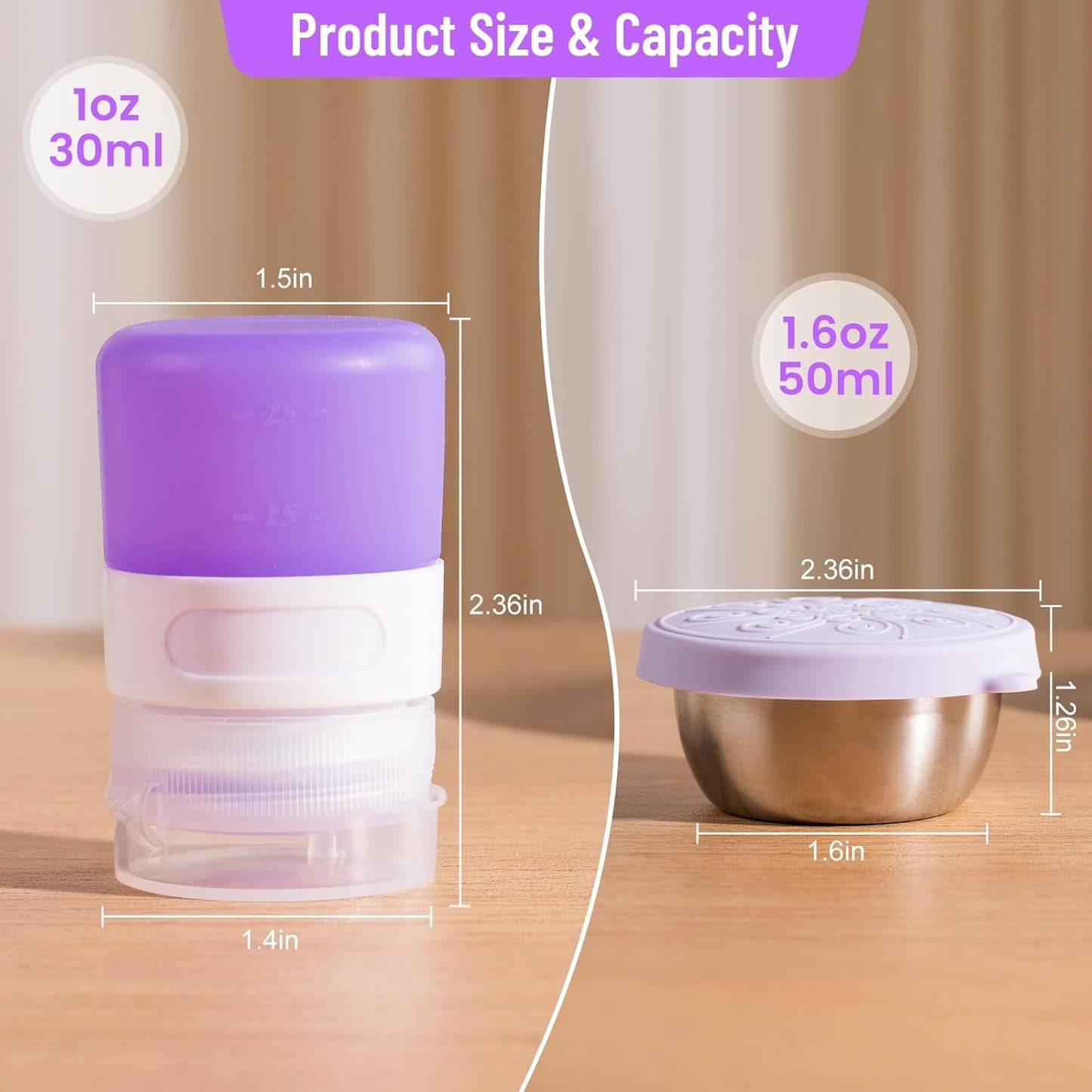 MICEBAY 8-Pack Salad Dressing Container To Go, 2-oz Silicone Small Condiment Squeeze Bottles and 1.6 oz Stainless Steel Sauce Containers Cups, Leakproof Condiment Containers with Lids for Lunch Box