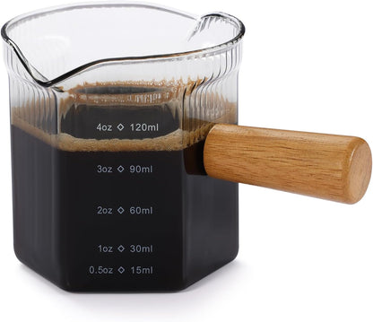 Espresso Cups 6 OZ, V-Shaped Spouts Cups, Espresso Shot Glasses with Wood Handle, Ribbed Milk Measuring Cup