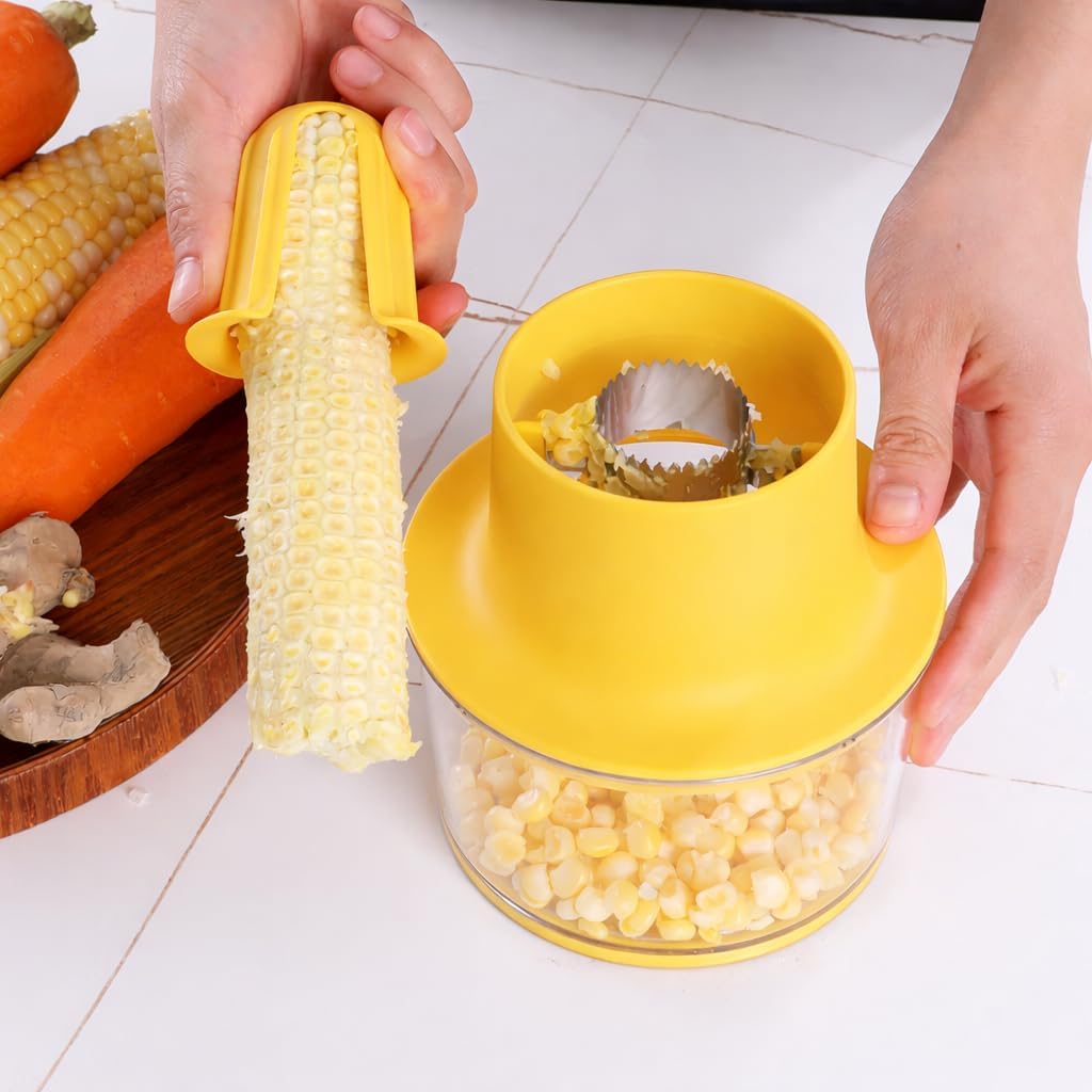 Corn Kernel Remover Tool, Stainless Steel Corn Stripper, Easy Corn Cob Peeler, Safe Grip Kitchen Gadget, Removes Corn in Seconds, No Mess, BPA Free Container (1, Yellow)
