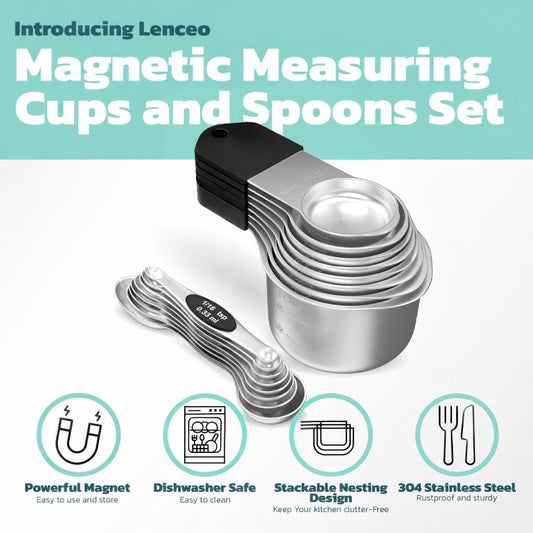 Magnetic Measuring Cups and Spoons Set of 17 - Stackable Stainless Steel Magnetic Measuring Spoons Set with Leveler - Dual Marking Scale Measuring Cup for Dry and Liquid Ingredients, Baking & Cooking