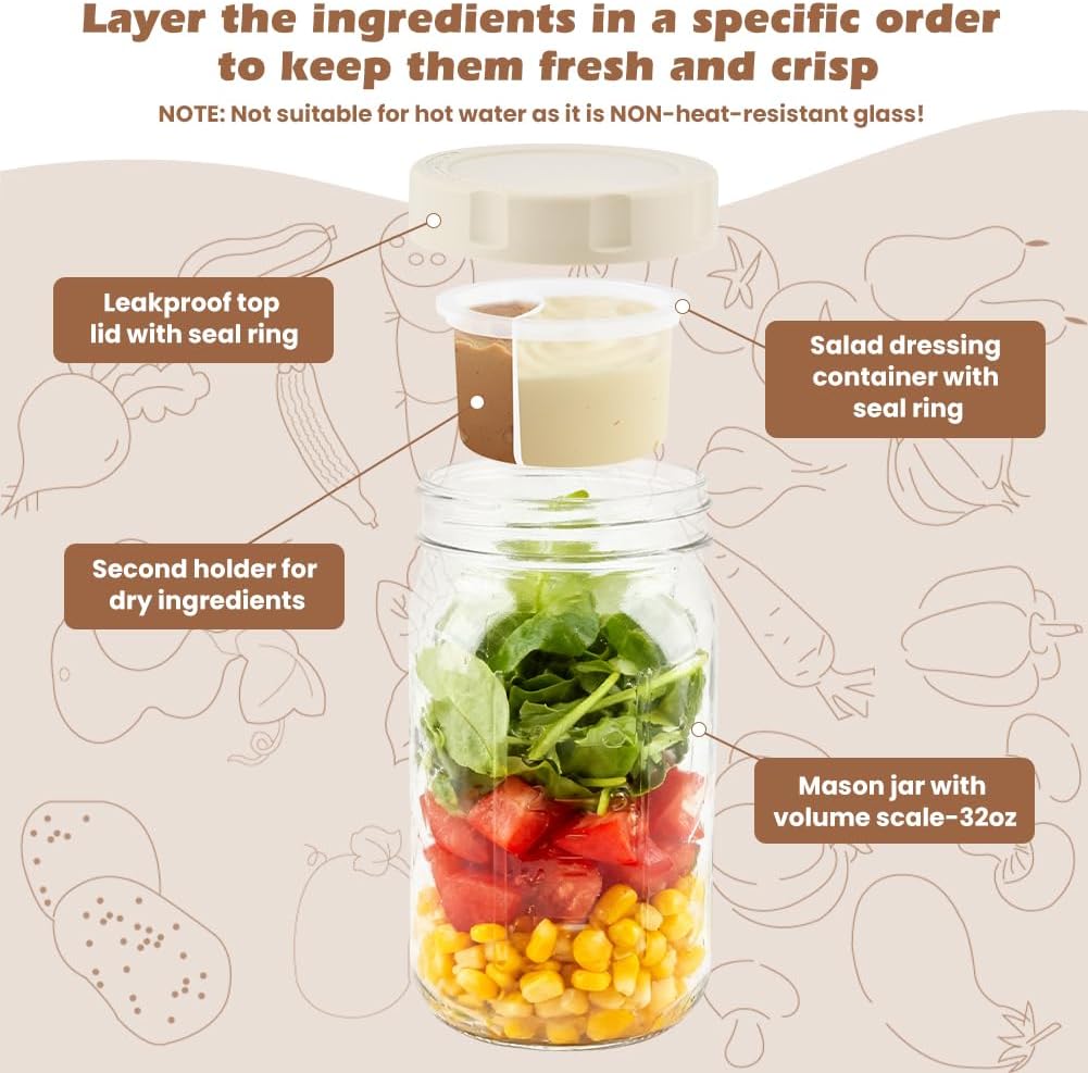 4 Pack Glass Salad Jars with Lids Meal Prep, 32oz Leakproof Mason Jar Salad Container for Lunch With 2pcs Brushes, Two Small Separate Compartments for Dressing and Dry Ingredients
